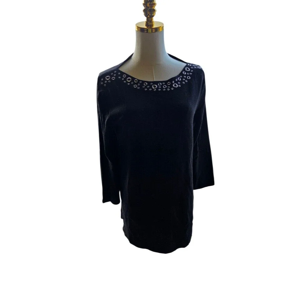Cable and Gauge Women’s Medium Black Grommet Eyelet Neck 3/4 Sleeve Top